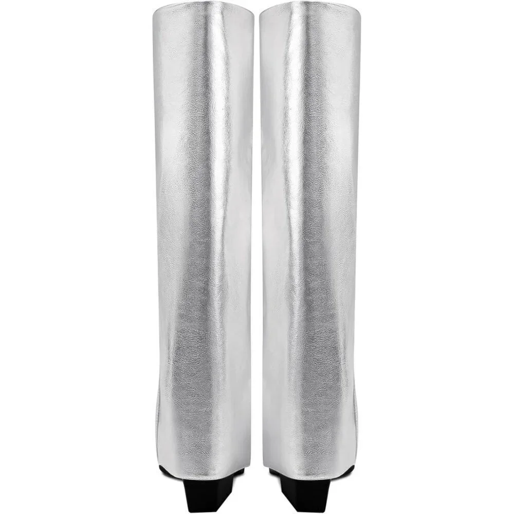 Women Silver Wide Calf Slouchy Shark Pointed Toe  Fold Over Knee High Tall Boots